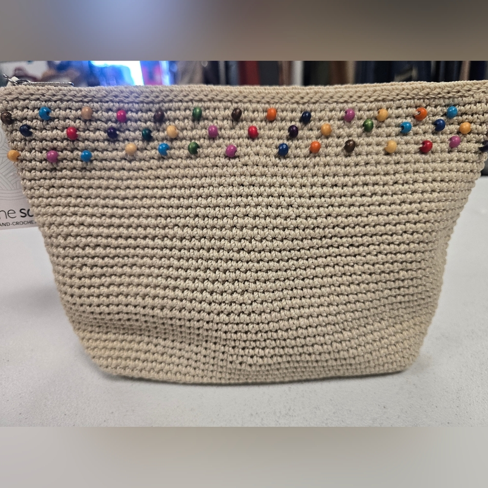 The Sak Beige Crochet Cosmetic Bag with Multicolor Beads